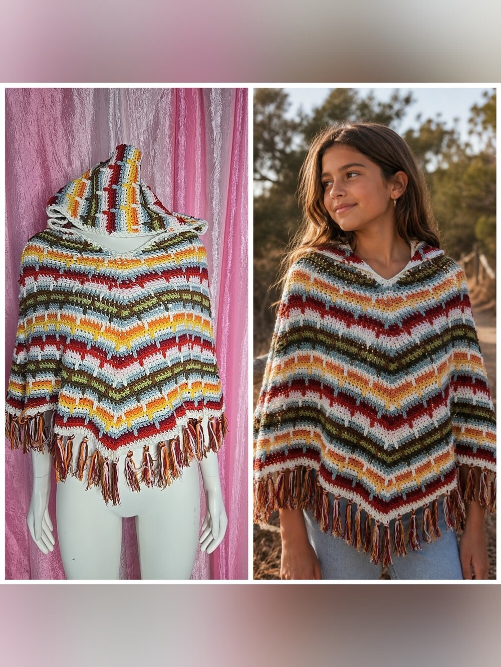 GAP Kids Vintage 2004 Crochet Colorful Fringe Hooded Poncho Girls Size 8